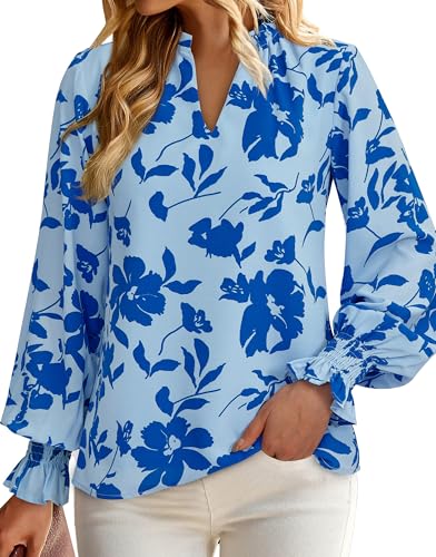 MASCOMODA Womens V Neck Floral Long Sleeve Tops 2025 Summer Casual Loose Puff Sleeve Chiffon Boho Work Blouse Dressy T Shirts