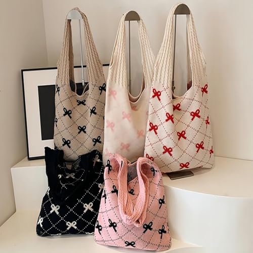 Beach Bags for Women Coquette Bow Bag Purse Cute Crochet Beach Tote Bag Boho Knit Shoulder Purses Travel Vacation3