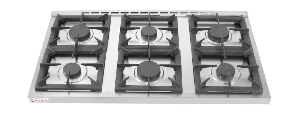 HENDI Fourneau à gaz professionnel, cuisinière avec 6 brûleurs (28,5 kW), structure ouverte avec espace de rangement, pour gaz naturel (kit GPL inclus), 1200x700x(H)900mm, acier inoxydable
