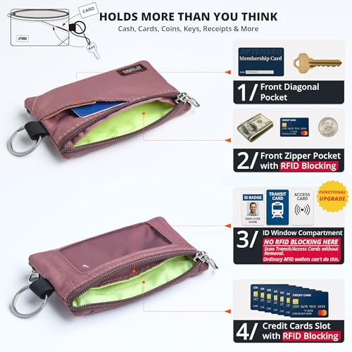 Image of RFID Blocking Travel Wallet with Adjustable Lanyard, Small Nylon Zipper Pouch and Badge Holder for ID, Credit Cards, Cash, Keys, Commuters (Warm Mauve)