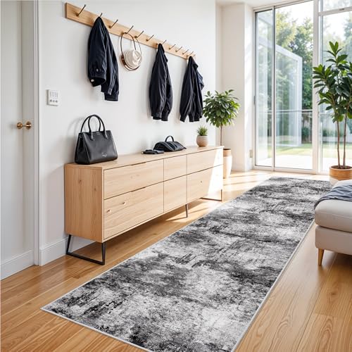 RUUGME Hallway 3x12 Runner Rug - Runner Rug Stain Resistant for Living Room Non Slip Indoor Entryway Rubber Backing Carpet Bedroom Kitchen Distressed Floor Decor Mat Machine Washable 3x12 BlackA