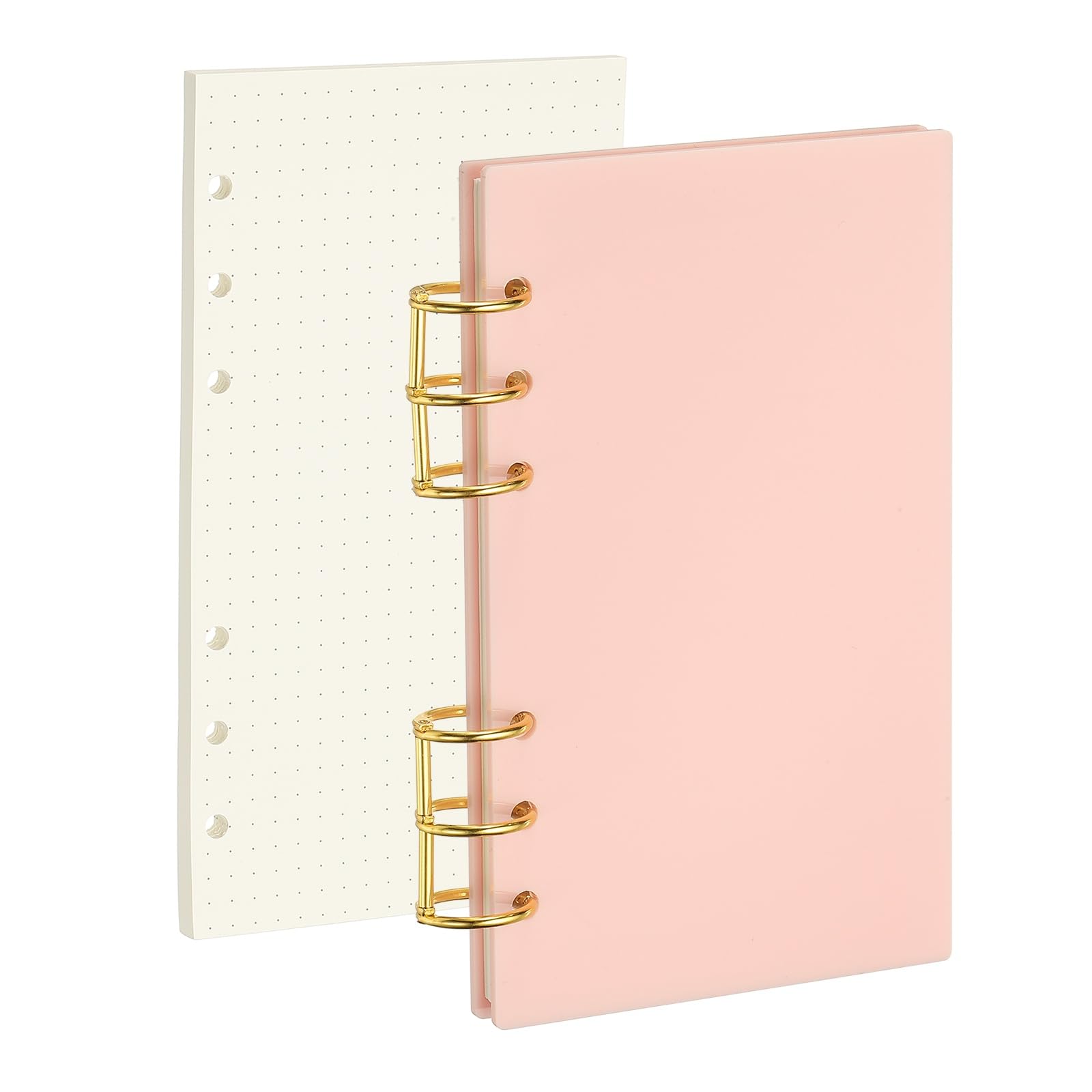 PATIKIL 6 Ring Binder Notebook Cover, A6 Acrylic Binder Notebook 2 Gold Metal Round Rings with 90 Sheets Dot Inner Papers for Travel Office Planner Budget, Light Pink