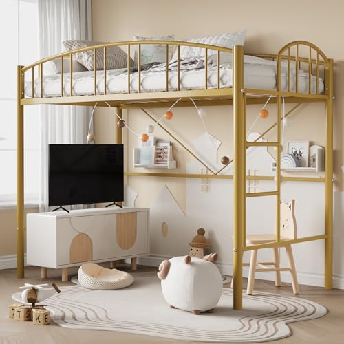 Loft Bed Twin Size with Stairs and Arched Guardrail, Sturdy Metal Slats Support, Space Saving, Noise Free, No Box Spring Needed, Ideal for Kid Room and Dorm, Gold