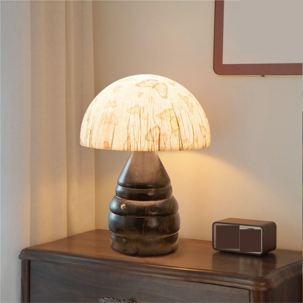Lampada da tavolo in legno cinese, luce ambientale sul comodino | Legno massello, paralume in tessuto dipinto a mano, controllo touch, stile cinese, luce