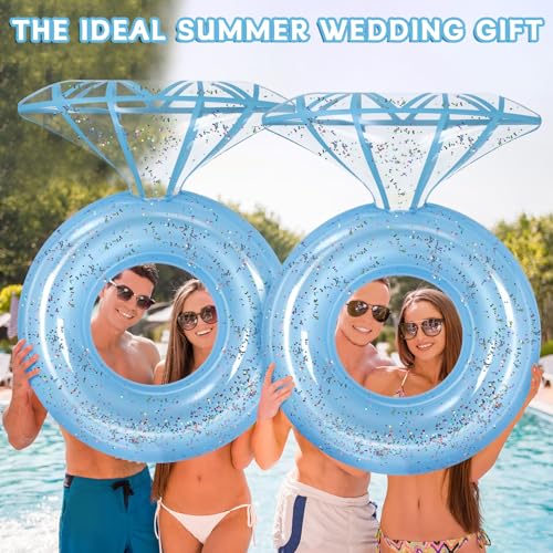 Bride Diamond Ring Pool Float Bachelorette Party Decoration Inflatable Engagement Ring Bride Pool Float Bridal Shower Gift Party Accessories Swimming Tube River Lake Wedding Photo Prop (Blue Glitter) by QOUBAI - Used condition - Image 5