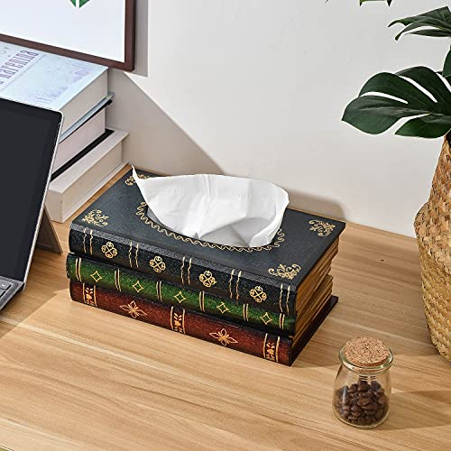 Crafted Classical Retro Wooden Antique Book Tissue Box Cover Rectangular Tissue Holder Dispenser Paper Cover Case Napkin Holder Home Decor For Bathroom Living Room Office Car Kitchen (Dark Green) #TOP4