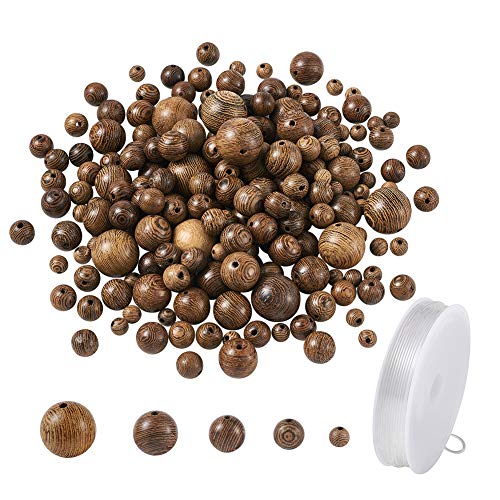 Craftdady 790pcs 5 Sizes Natural Stripe Round Wood Beads with 1 Roll Crystal Thread for Jewelry Crafts Making (6mm 8mm 10mm 12mm 15mm)