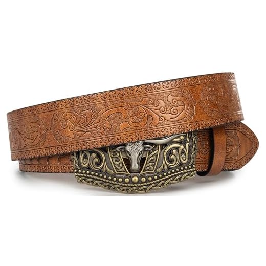 INOGIH Cinto de couro feminino e masculino estilo caubói country - Cinto clássico com fivela de cabeça de touro para calças jeans, Marrom, For Waist 27-32 in