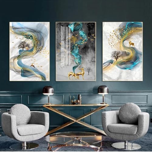 Tableau cerf doré peinture sur toile bleue et or grand format 60x80cm x3 sans cadre