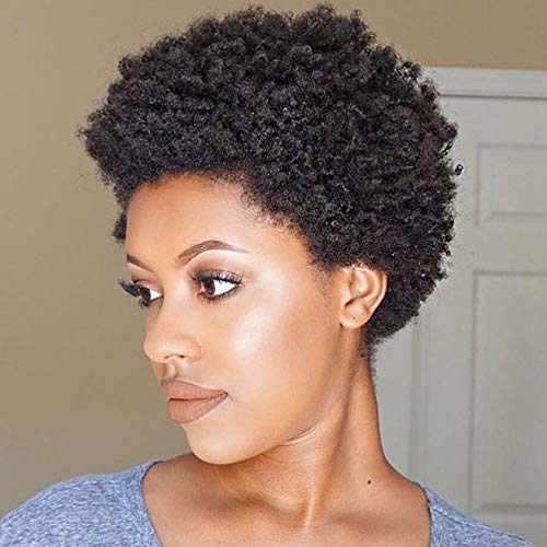 YOLANFAIRY Pixie Cut Kinky Curly Human Hair Wig Cheap Brazilian Afro Human Hair Wigs Short Curly Wig Full Machine Wigs Party Wig (Black)