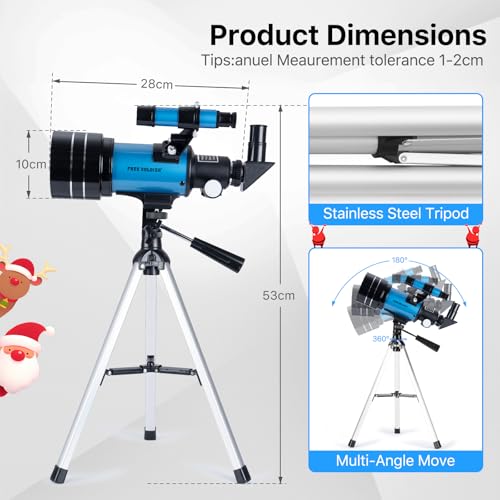 Image of Telescope for Adults Astronomy 70mm Aperture 300mm Focal Length Portable Astronomical Telescope for Beginners Age Over 8 Years Old with Wireless Remote Carry Bag Tripod (Blue)