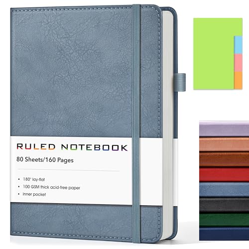 Lined Journal Notebook, A5 Hardcover Leather Journals for Writing, 160 Numbered Pages, 5.7'' x 8.3'' Journaling Notebooks for Men Women, Thick Paper College Ruled Journal for Work Office School, Dusty Blue