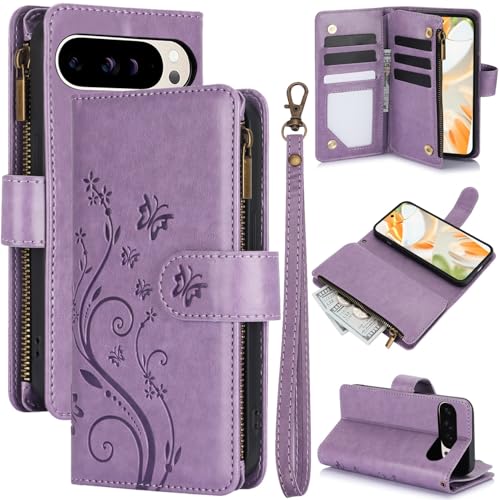 Étui Pixel 9 et 9 Pro : coque portefeuille en cuir violet avec fermeture éclair