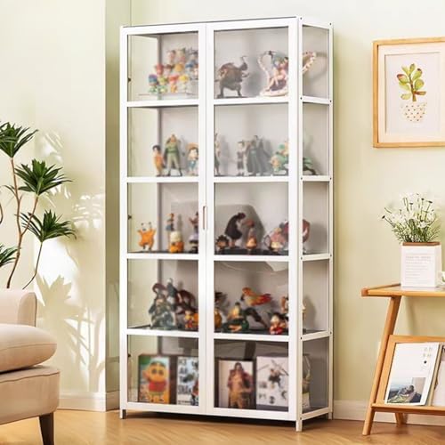 Wetsfgdg Vitrina de Cristal con 5 Estantes LED y Acrílico con Cerradura,Expositora para Colecciones de Figuras,Gabinete de Vidrio para Salón,Dormitorio o Pasillo-L82*W33*H161cm-Blanco