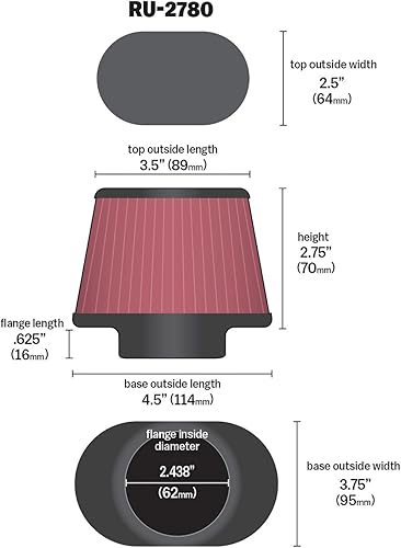 Miniatura 2 de K&N Filtro de entrada de aire universal con abrazadera alto rendimiento, filtro de aire de repuesto premium Diámetro de la brida 2.4375 pulgadas,