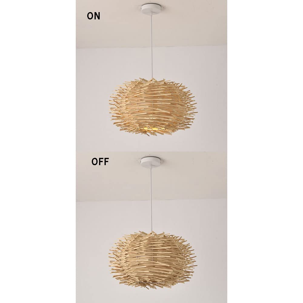Lampada a Sospensione in Stile Cinese con Paralume Intrecciato a Nido d'uccello, Lanterna in Vimini Naturale, Finiture in Metallo Beige, Lampada a Sospensione Intrecciata a Mano per Isola Cucina