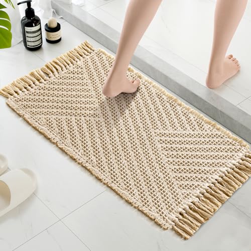 H.VERSAILTEX Waffle Bath Mat Super Absorbent Boho Bath Mat Non Slip Bath Rugs for Bathroom Floor Machine Washable Dry Fast Bathroom Rugs with Tassels, 17" x 24", Vanilla