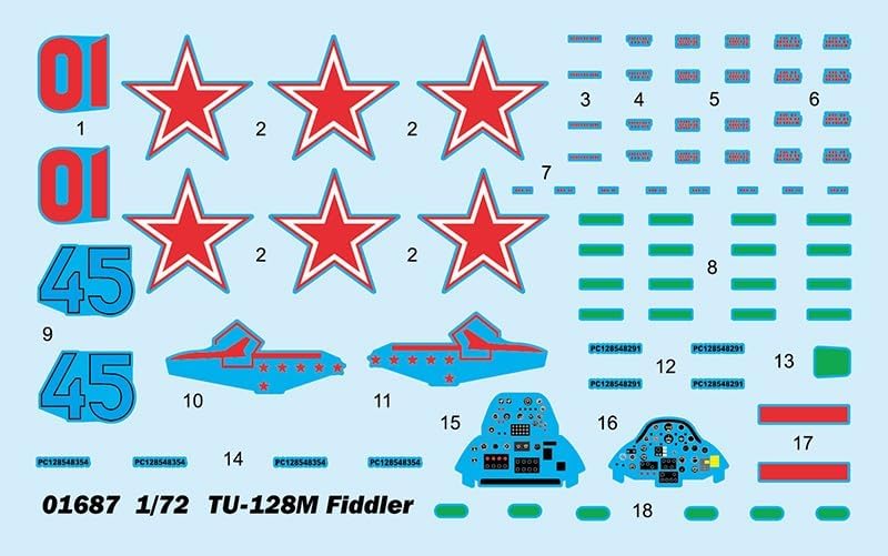 Decal sheet for Trumpeter Tu-128M Fiddler model kit, showing various markings and stencils