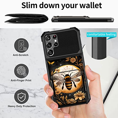 Sddfrhgh For Samsung Galaxy S22 Ultra Case Wallet, 4 Credit Card Holder Slot Flip Cover,Heavy Duty Dual Layer Defender Phone Case For Samsung Galaxy S22 Ultra 5G-Honey Bee Flower Moon Art #TOP5