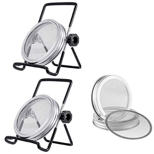 4 Pcs Tapas de Brotes de Acero Inoxidable Tapa de Germinación Tapas de semillas con 2 Soportes para Mason Jars de Boca Ancha y Frascos de Conservas, para Germinado de Alubias, Brotes de Ensalada etc