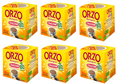 6 x Crastan Orzo Biologico en Cialde Cebada Bio-Cebada en Almohadillas de cebada tostada y molida, ideal para moca, infusión y espresso 96 g. Cada paquete contiene 16 almohadillas
