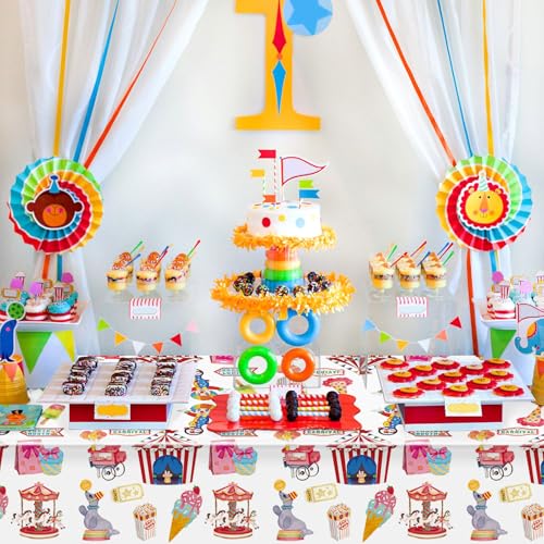 Image of Hxezoc 3 Pack Circus Party Tablecloths, 54 x 108 Inch Disposable Plastic Carnival Table Cover for Carnival Birthday Party Decorations Outdoor Indoor Supplies