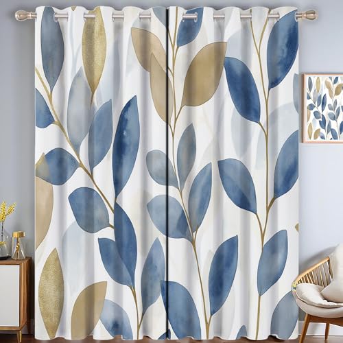 Rideau opaque bleu beige doux avec motif feuille dorée occultant