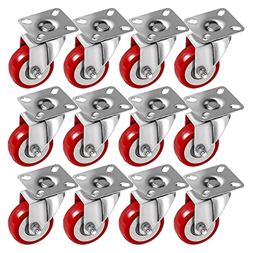 12 Pack 2-Inch Caster Wheels Swivel Plate Casters On Red Polyurethane Wheels #TOP17