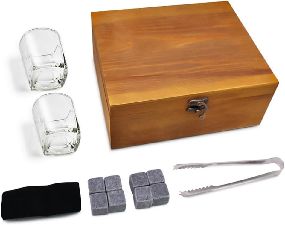 Small Square Wine Glass Whiskey Stone Wooden Box Set