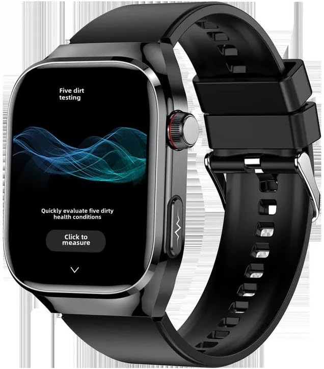 Smart watch display showing a health assessment screen with a 'Click to measure' button