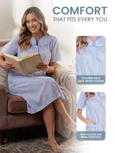 Image of Casual Nights Women's Snap - Front House Dress Short Sleeve Woven Housecoat Duster Lounger Robe with Pockets