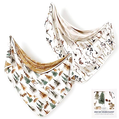 Image of GRSSDER Baby Blankets Super Soft Stretchy Jersey Swaddle Blanket 2 Pack for Girls and Boys, Double Layer Reversible Receiving Blankets 34 x 44, Extra Large for Swaddling, Deer & Beige