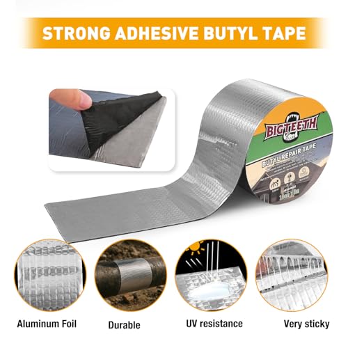 Image of BIGTEETH Aluminum Butyl Waterproof Tape 4 inch x 16 feet | Aluminum Foil Repair Tape for Pipes, Doors, Windows, RV Roofs, Boats, Vents, etc