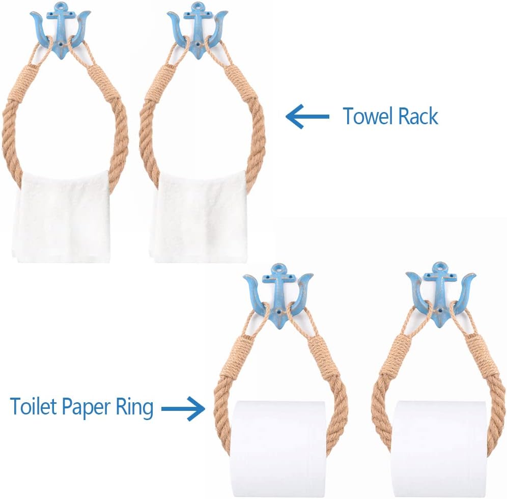 2 Pcs Nautical Anchor Towel Holder, Blue Anchor Hook with Hemp Rope, Toilet Paper Towel Ring, Wall Mounted Toilet Paper Holder, Can Fix Toilet Paper, Towels or Bathroom Curtains (A)
