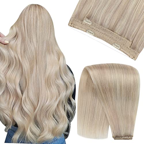 YoungSee Blonde Wire Hair Extensions Human Hair Ash Blonde Highlight with Bleach Blonde Fish Line Hair Extensions Blonde Invisible Wire Hair Extensions One Piece 20in 100g