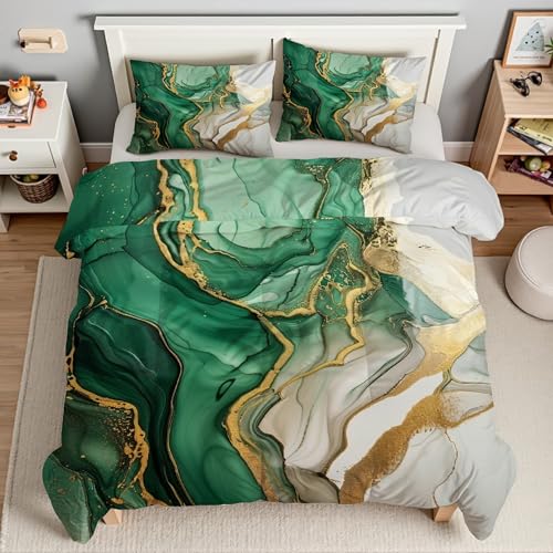 Housse couette 240 x 260 marbre vert anti-glissement avec fermeture éclair