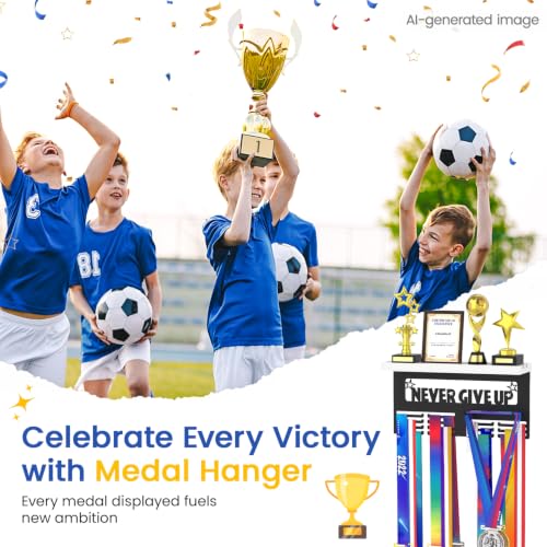 Image of Medal Holder Display Trophy Shelf Organizer, Sturdy Wooden Race Award Hanger Rack with 25 Steel Hooks, Wall Mount Storage Stand for Sports Fans, Cheer Success