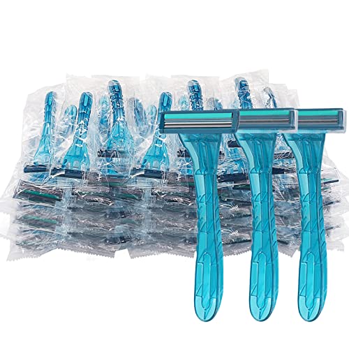 100 Pack Disposable Razors Individually Wrapped Razors Bulk Twin Stainless Steel Blade Razors for Hotel Travel Airbnb Homeless (Blue)