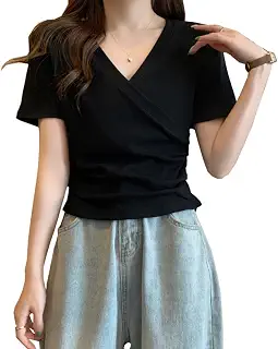[YUUCDD] レディース Vネック Tシャツ 半袖 tシャツ カットソー トップス ストレッチ 無地 カジュアル おしゃれ | 小顔効果 シンプル コーディネートの自由度は高い