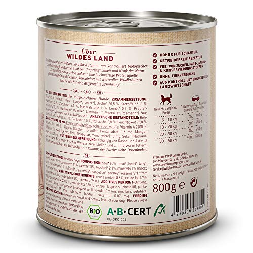 Wildes Land - Nassfutter für Hunde - Bio Rind - 6 x 800 g - Getreidefrei - Extra hoher Fleischanteil von 60% - 100% zertifizierte Bio-Zutaten - Beste Akzeptanz und Verträglichkeit