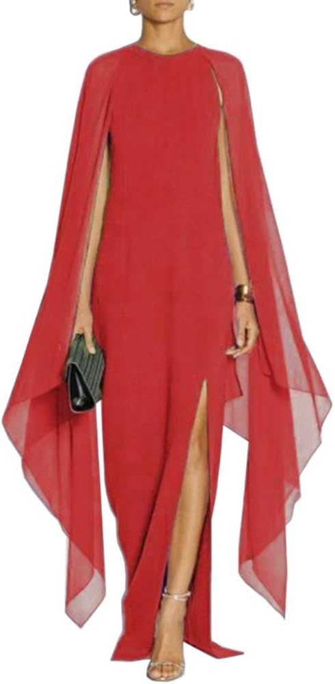 Women's Elegant High Split Flare Sleeve Formal Evening Gowns Maxi Dress with Cape