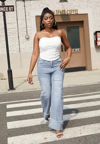 HuiSiFang Women's Ripped Cuffed Jeans High Waisted Straight Wide Leg Stretchy Denim Pants4