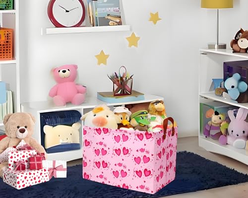 Image of Pink Valentines Day Basket Large Foldable Heart Shaped Storage Box for Gifts Kids Empty Storage Bins Rectangular Toy Organizer Decor (Two Love)