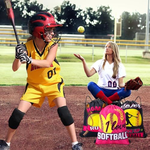 Image of Honoson 16 Pcs Pink Softball Drawstring Backpack Softball Goodie Bags Baseball Gift Bags Drawstring Backpack Baseball Party Favors Snack for Sports Team Birthday Party Supplies