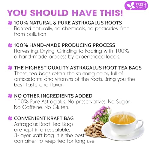 Image of FreshDrinkUS, Premium 75 Astragalus Root Tea Bags, 100% Natural & Pure from Astragalus Root. Astragalus Root Herbal Tea. Made with Natural Material Tea Bags. No Sugar, No Caffeine, No Gluten, Vegan.