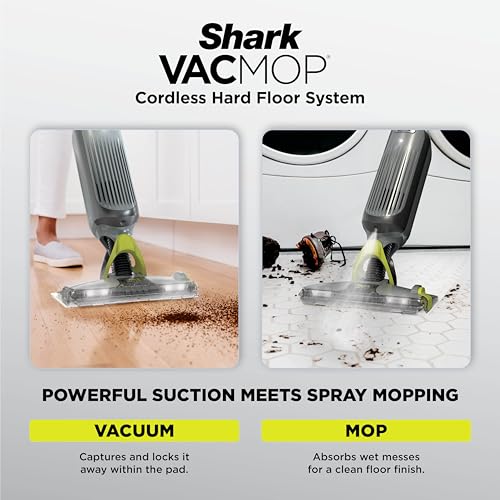 Image of Shark VACMOP Cordless Hard Floor Cleaner, Vacuum and Spray Mop, Powerful Suction, Lightweight, LED Headlights, Includes 4 Disposable Pads, 12oz Multi-Surface Cleaning Solution, Gray, VM252