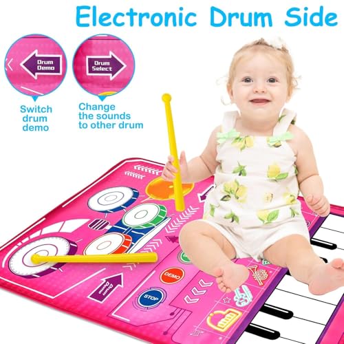 Baby Spielzeug ab 1 Jahr, Rosa Mädchen Musikmatte Klaviermatte Kinder Trommel mit 2 Trommelstöcken, Tanzmatte mit Keyboard Kinder Musikspielzeug Weihnachts Geburtstag Geschenk