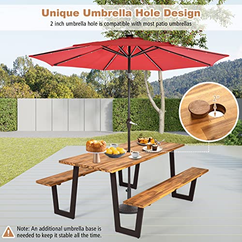 Glacer 70” Acacia Wood Picnic Table Bench Set, Wooden Outdoor Dining Table Set W/ 2’’ Umbrella Hole, Heavy Duty Picnic Beer Table Bench Set With Metal Frame, Patented (Natural & Black) #TOP3