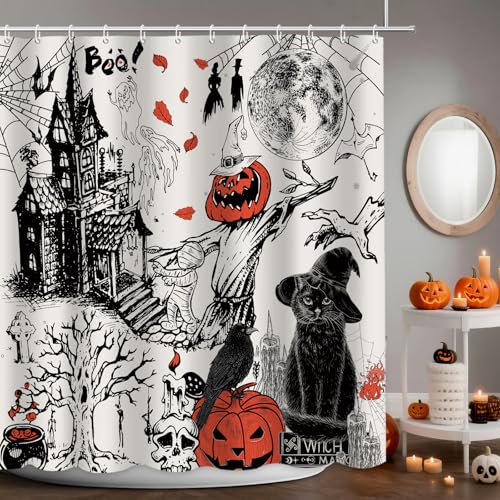 APROPHIC Cortina de ducha de Halloween, cortinas de ducha de gato calabazas fantasmas para decoración de baño, cortina de baño de tela impermeable con 12 ganchos, lavable a máquina, 72 x 72 pulgadas,