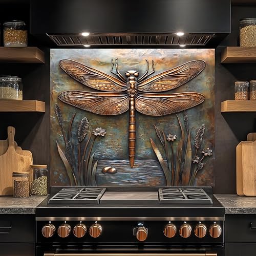 Antique Bronze Dragonfly Design Kitchen Backsplash, Tempered Glass Backsplash, Heat